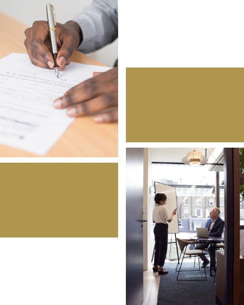 Two gold rectangle, Woman presenting to sitting man, man signing document